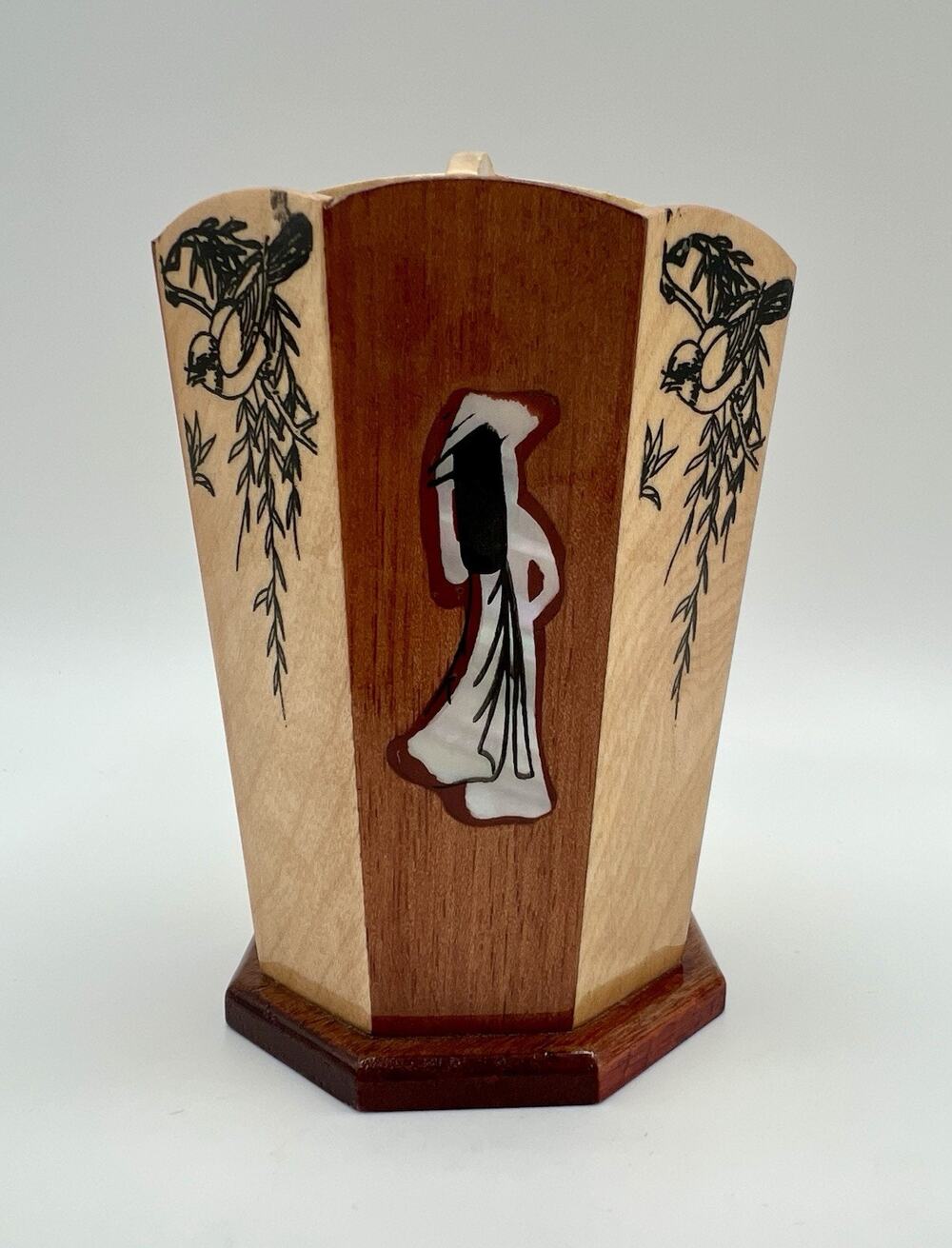 Lacquered Wood & Mother Of Pearl Chinese Pencil Makeup Brush Holder w Birds 4”